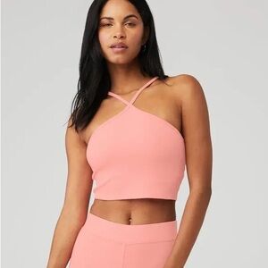 Alo Yoga Goddess Ribbed Cross Crop Top in Pink Lemonade